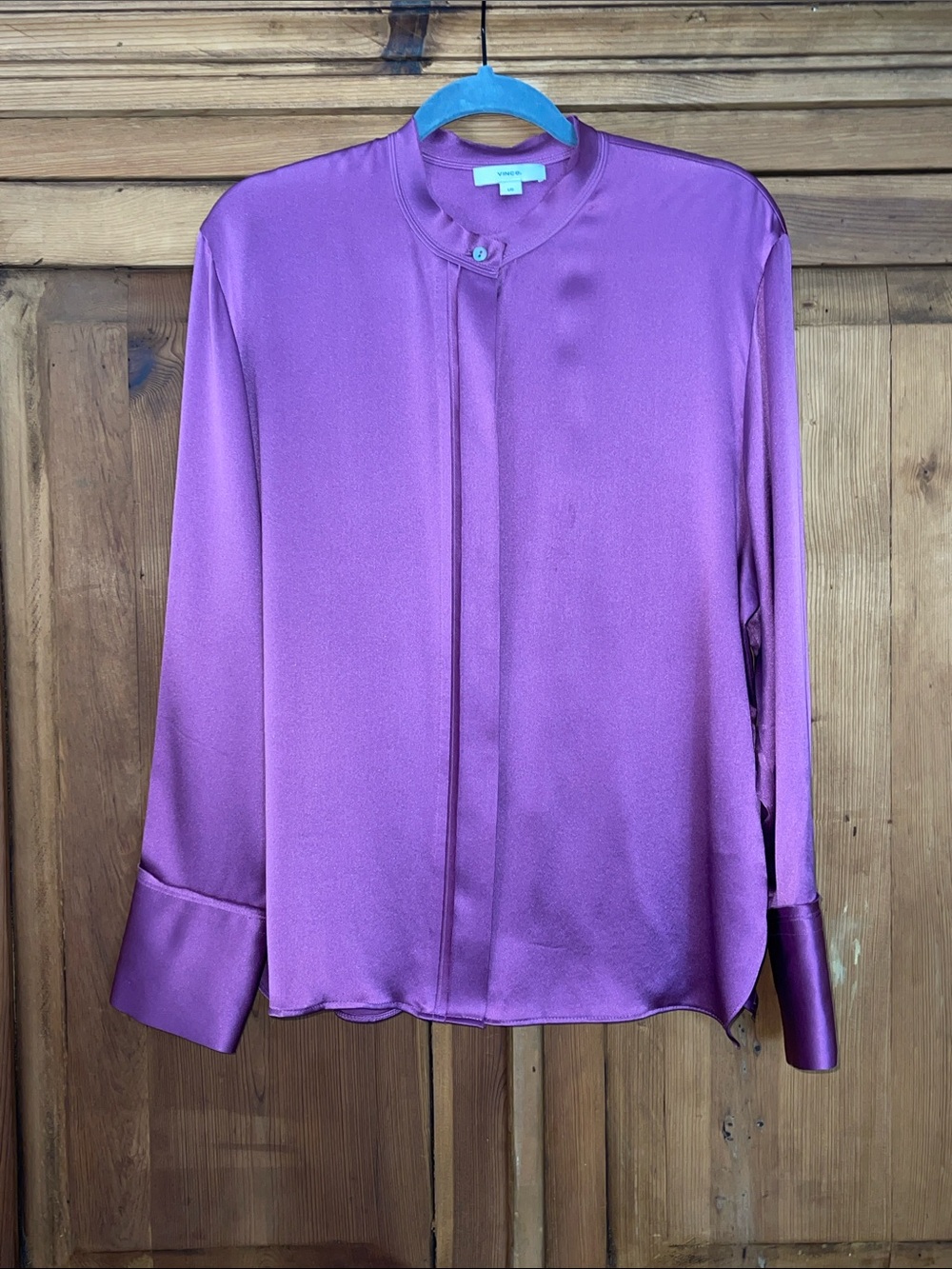 Vince Purple 💯 Silk Button Down Stand collar Blouse Sz. L